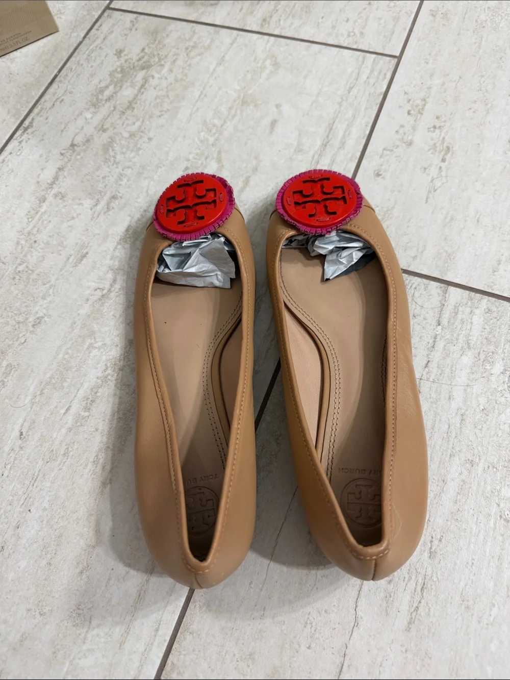 Tory Burch Tan Leather Flats with Pink and Red Logo Medallions ..size 9M